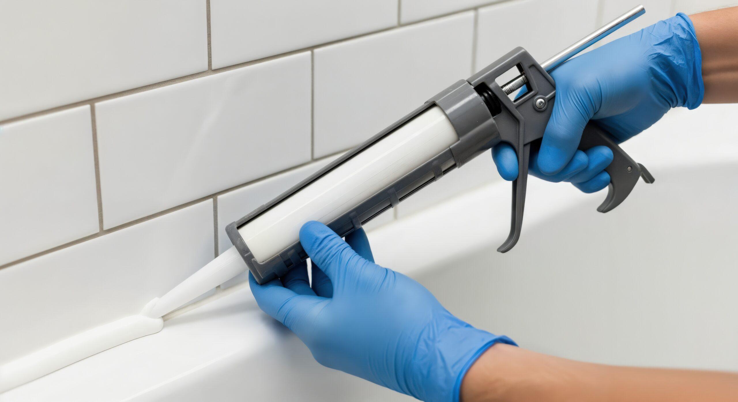 Blue gloves applying white silicone caulk with a caulk gun to seal the gap between a bathtub and ceramic subway tiles during bathroom renovation.